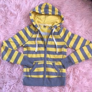 Cute yellow and gray striped zip up hoodie.